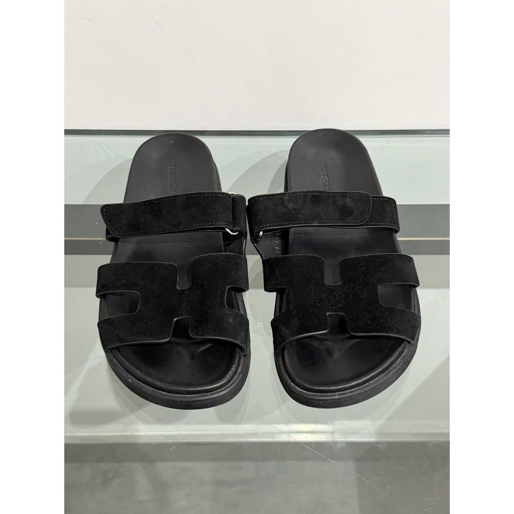 Authentic HERMES CHYPRE FR211115Z Black Suede Men's Sandals Size 44